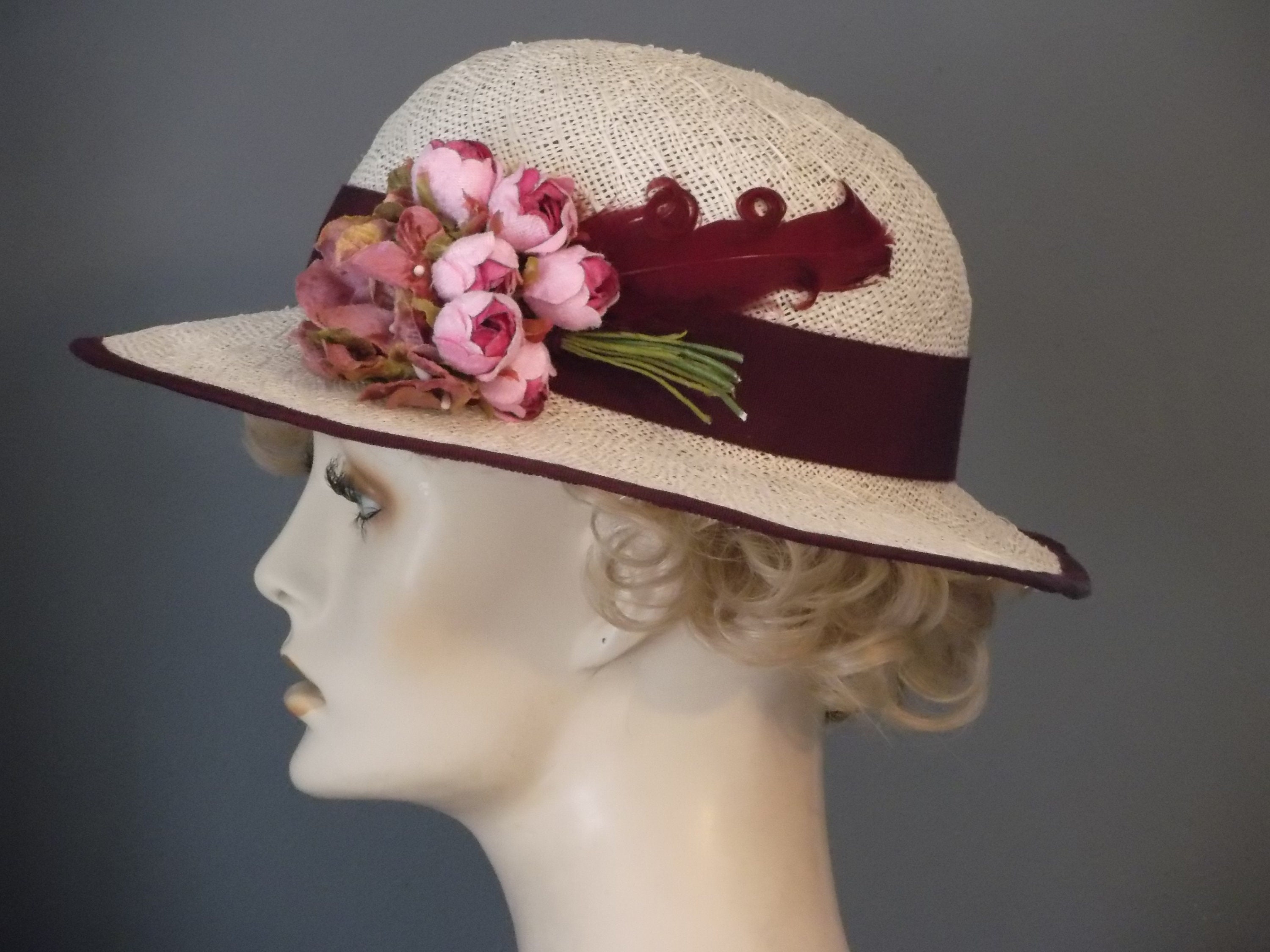 Straw and Burgundy Medium Brim Hat, Mauve Pink Flowers, Burgundy ...