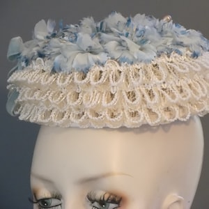 Vintage 1950&#39;s pill box style hat, blue floral top, stiff white loop body, hat pin included, small size, XS, wedding church, formal event