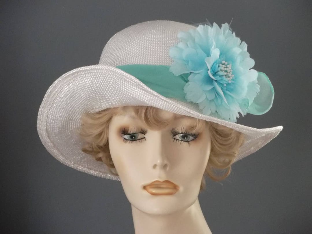 White Straw Kentucky Derby Hat White & Turquoise Trim Blue Etsy