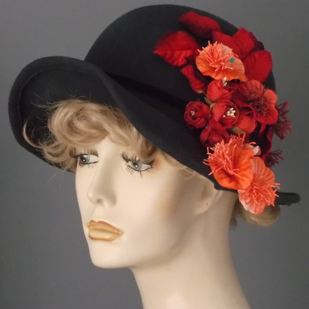 Charcoal Gray Felt Hat: Vintage Style With Red Orange Flower  display picture 3