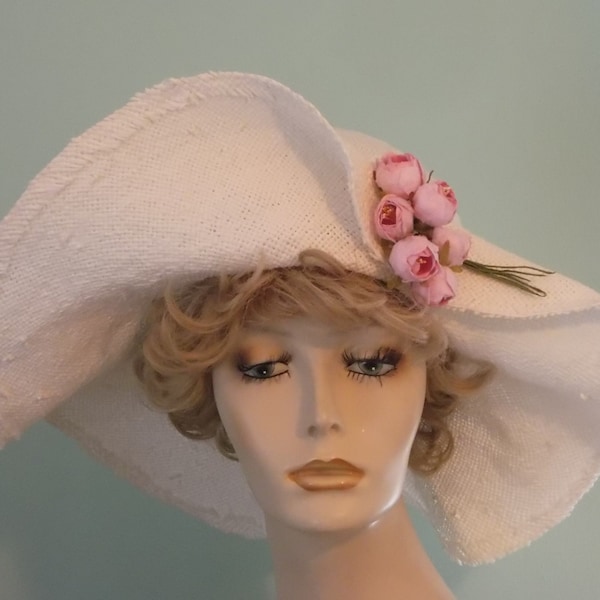 White straw Kentucky Derby hat, wide floppy brim, small pink flower spray, white picture hat, vintage 1930's look, summer hat, wedding,tea