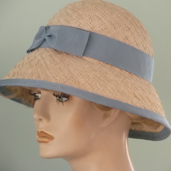 women's fine straw cloche, natural straw & blue trim hat, vintage 1930's style hat, church or wedding hat, Downton Abbey style hat, tea