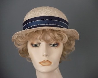women's straw bowler, fine straw bowler, straw small brim hat, straw and navy trim hat, wedding, mother of bride, church hat, summer hat