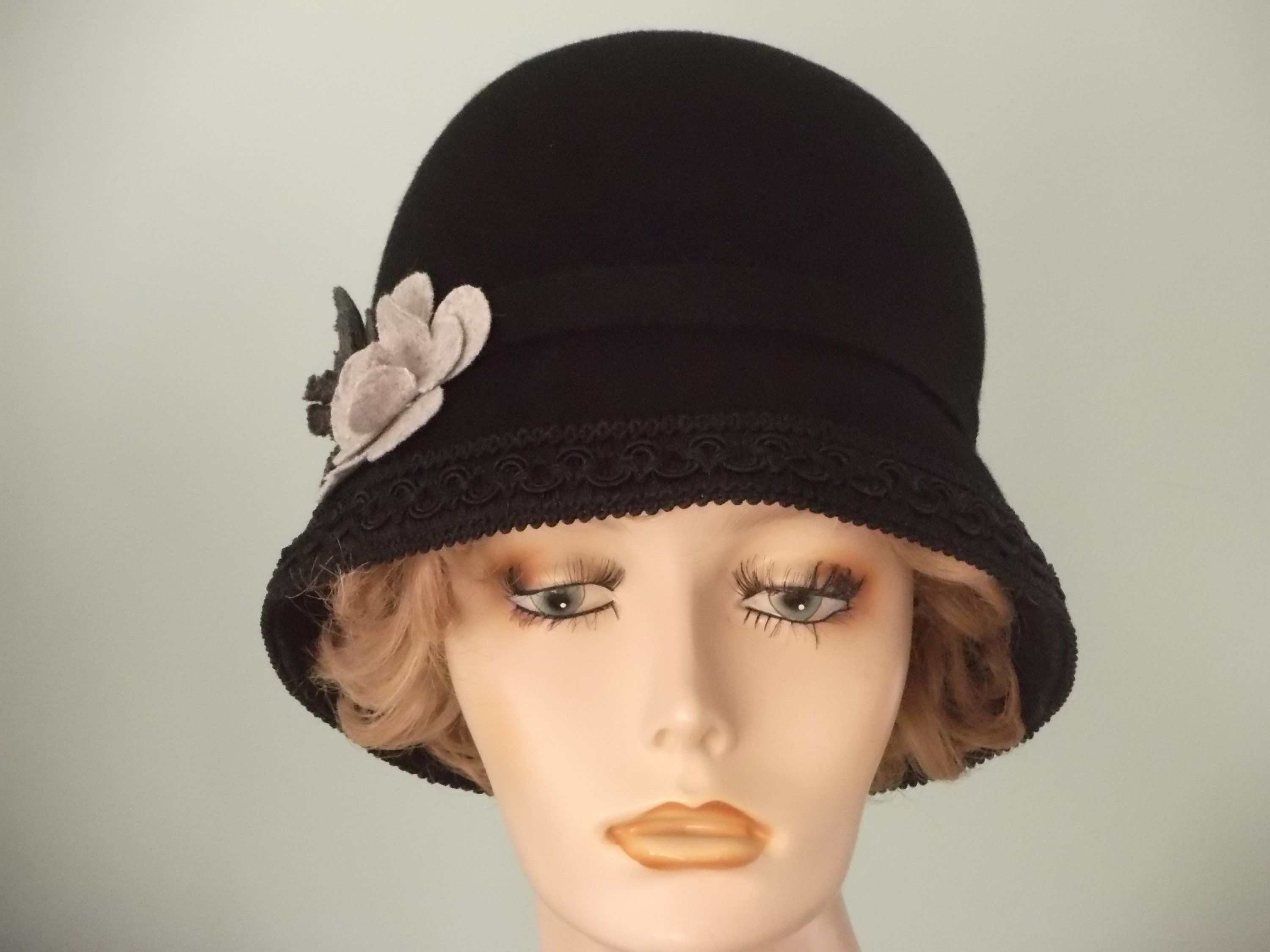 Gray and Black Women\'s Felt Cloche Hat with Three Flower Band Black Felt Cloche Hat: Gray Felt Flowers, Winter Church  main image 3