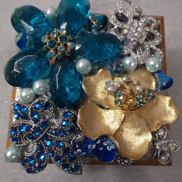 Hand crafted jeweled trinket box, one of a kind, bejeweled blue/gold fine costume jewels, 4.5" top, rhinestones, pearls, glam bling