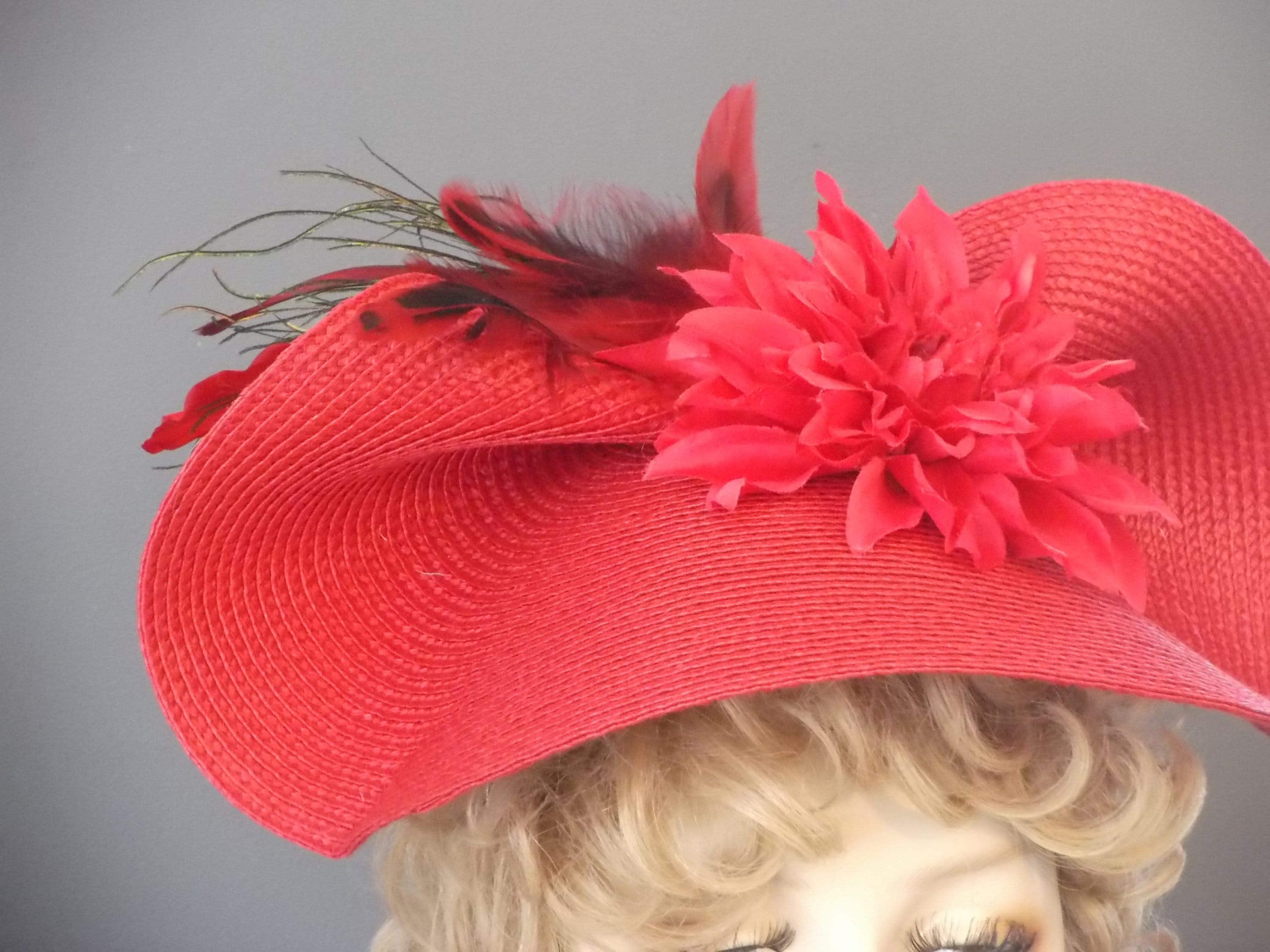 Handmade Red Straw Fascinator: Feather Flower Derby Hat - Etsy