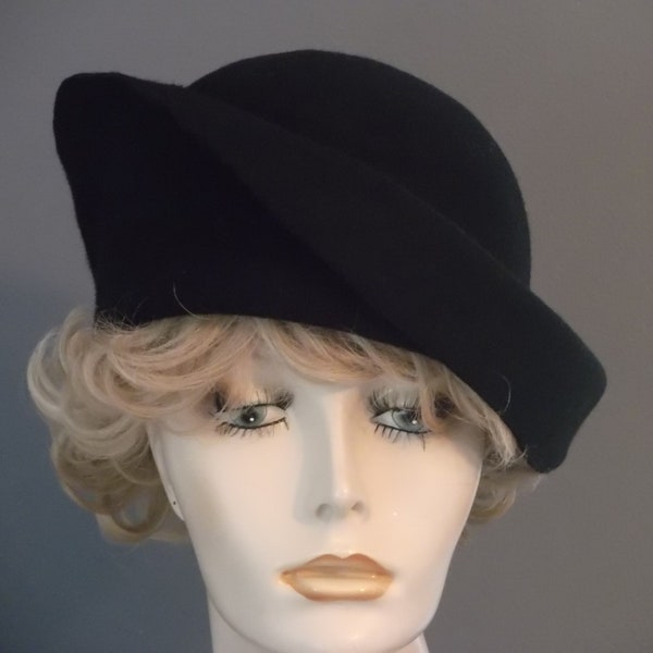 Black felt beret style hat, 1930s 1940s vintage inspired, wear 2 ways, tilt hat, up down brim, womens winter hat, tea, church, cancer,