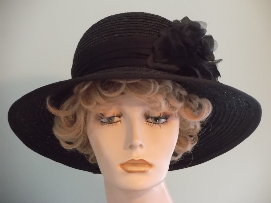 Black Straw Women's Hat, All Black Funeral Hat, Formal Dressy Women's