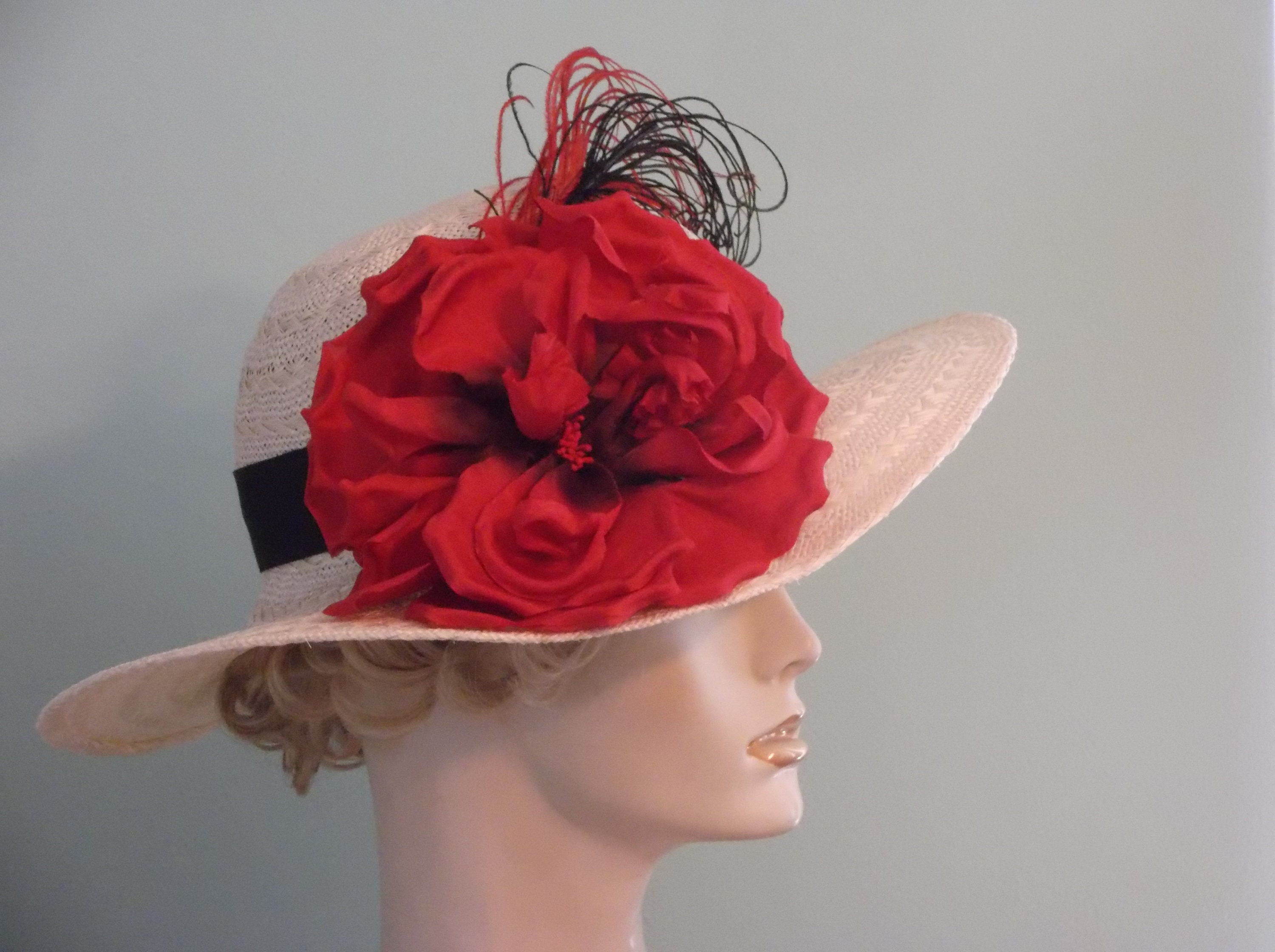 Vintage Red Derby Hat Wide Brim Straw Rose Kentucky Derby Wedding Formal OS Black White 8 Brim/XL Red Rose – Hat-a-Tude main image 2