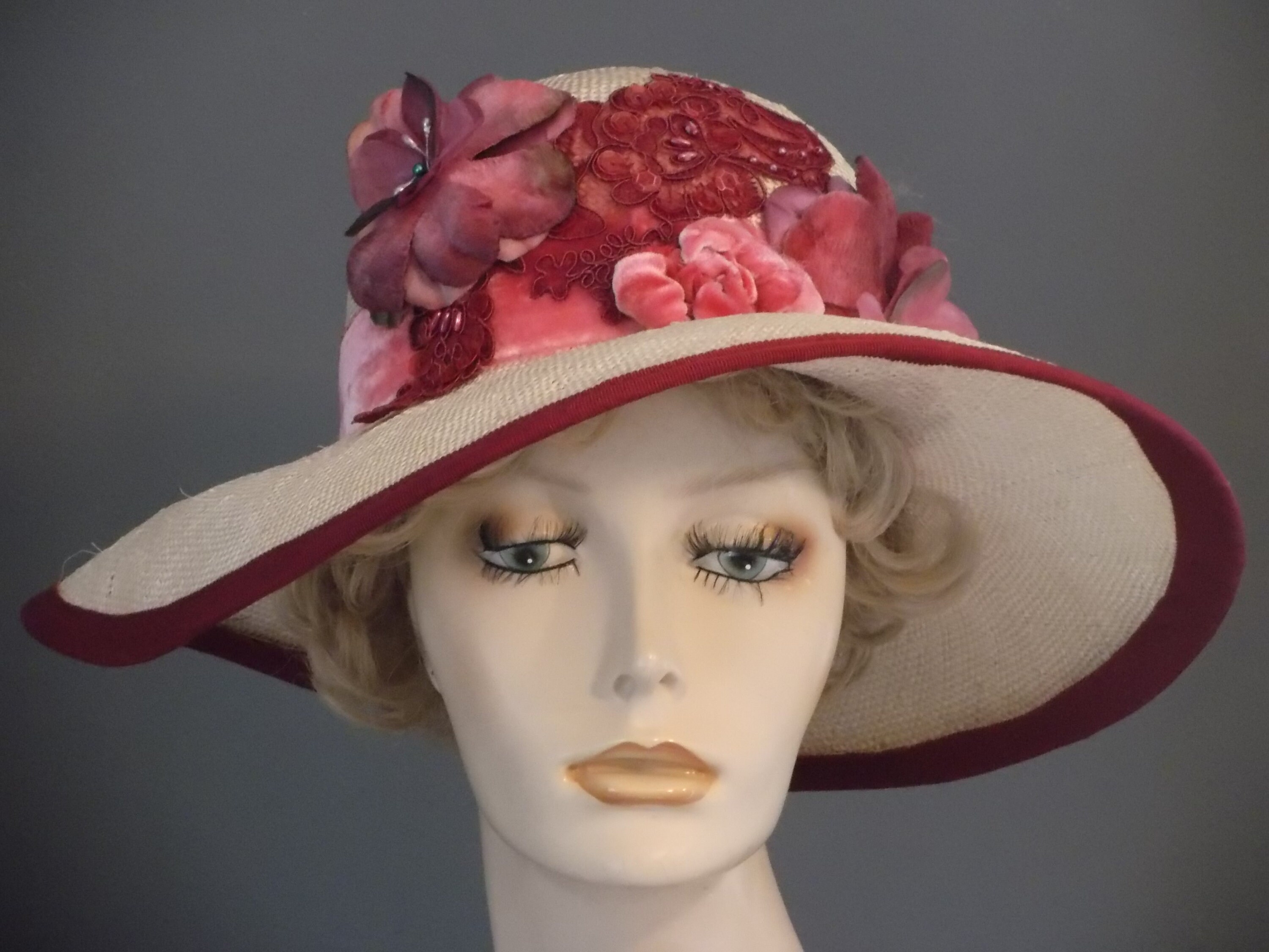 Elegant Straw Wide-Brim Hat with Pink Floral and Feather Trim Wide Brim Pink Vintage Hats for Women for sale | eBay main image 4