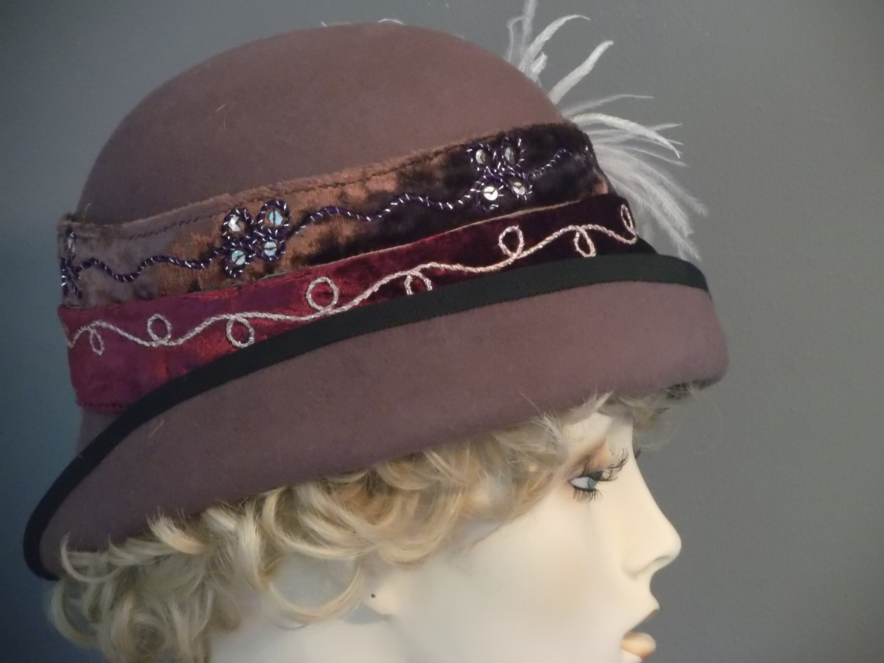 Handmade Mauve Felt Hat: Velvet, Feather & Floral Trim 