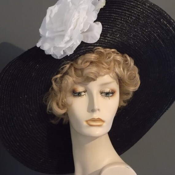 Women\'s Black Wide-Brim Veil Flower Accent Hat Womens Vintage Black Wide Brim Hat - Veil Feathers Roses  main image 2