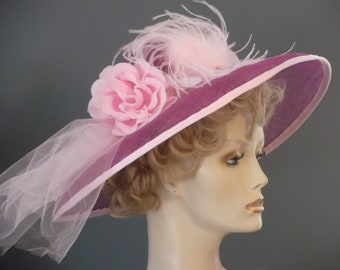 Fuchsia Pink Sinamay Derby Hat: Hand-Blocked Feather & Tulle Races Hat