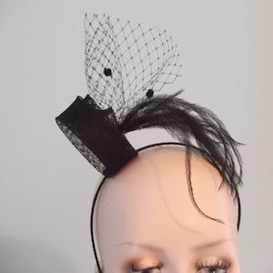 Artsy small black sinamay and feather fascinator, black millinery headpiece, cocktail headband, mini black fascinator, unusual headband,
