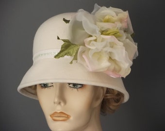 Women's formal hat, white felt cloche, white cloche with 8"silk flower,  vintage style, bridal cloche, women's winter hat, wedding church,