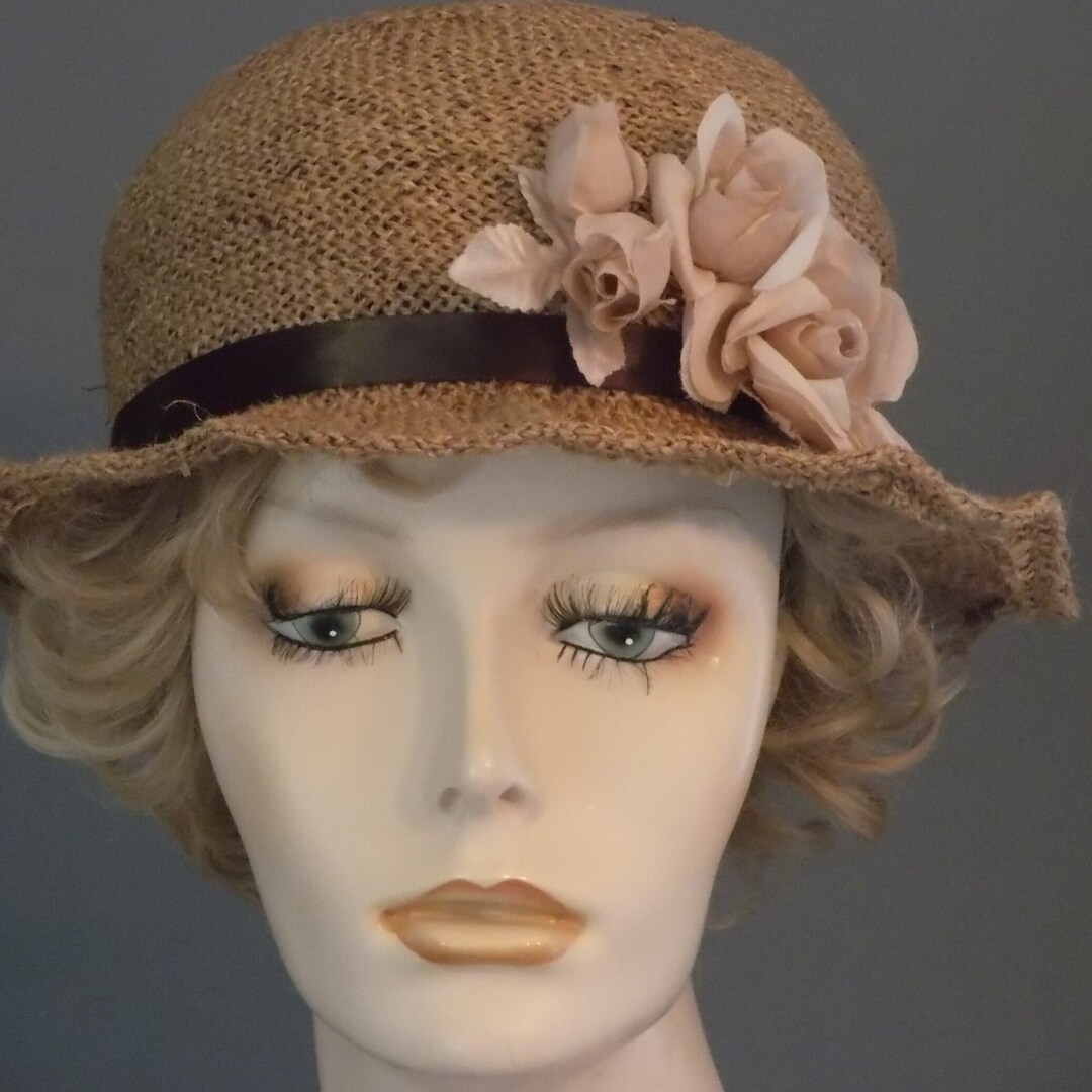 Brown Burlap Look Straw Cloche, Tan Straw Cloche With Wavy Brim, Hand