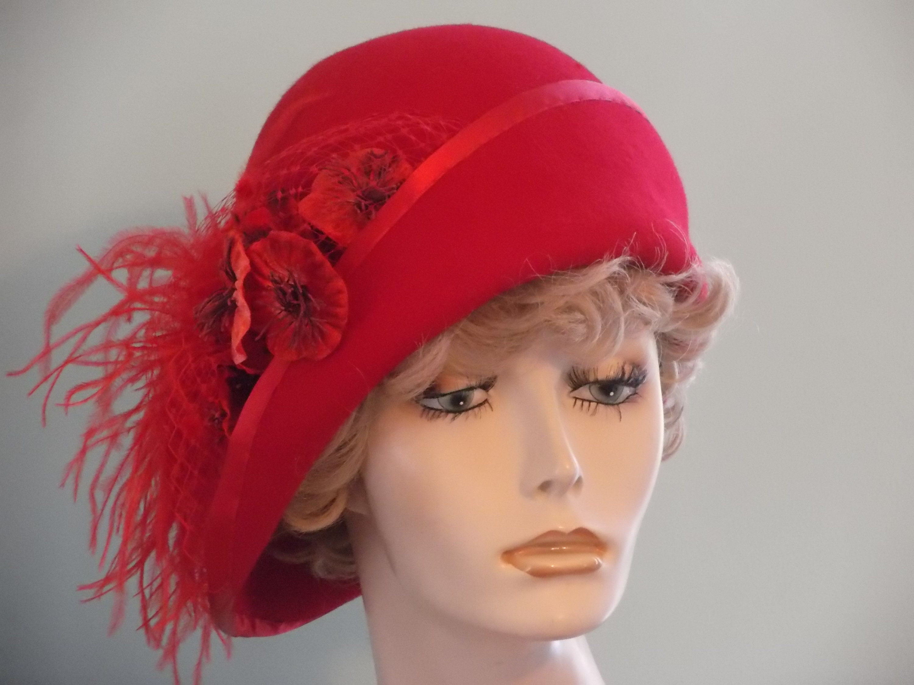 Handmade Red Felt Vintage Style Hat, Red Cloche Hat With 