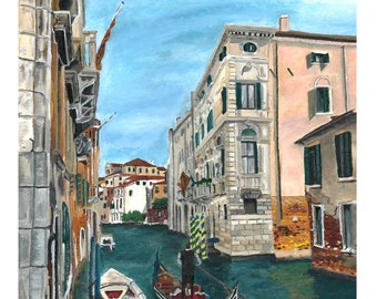 May include: A painting of a narrow canal in Venice, Italy. Two gondolas are in the water, one with a gondolier in it. The buildings on either side of the canal are tall and narrow, with colorful facades. The sky is blue and there are clouds in the distance.