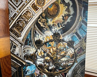 May include: A painting of a grand, ornate ceiling with a large chandelier hanging from the center. The ceiling is decorated with gold leaf and intricate patterns. The chandelier is made of metal and has many candles. The painting is done in a realistic style and captures the grandeur of the space.