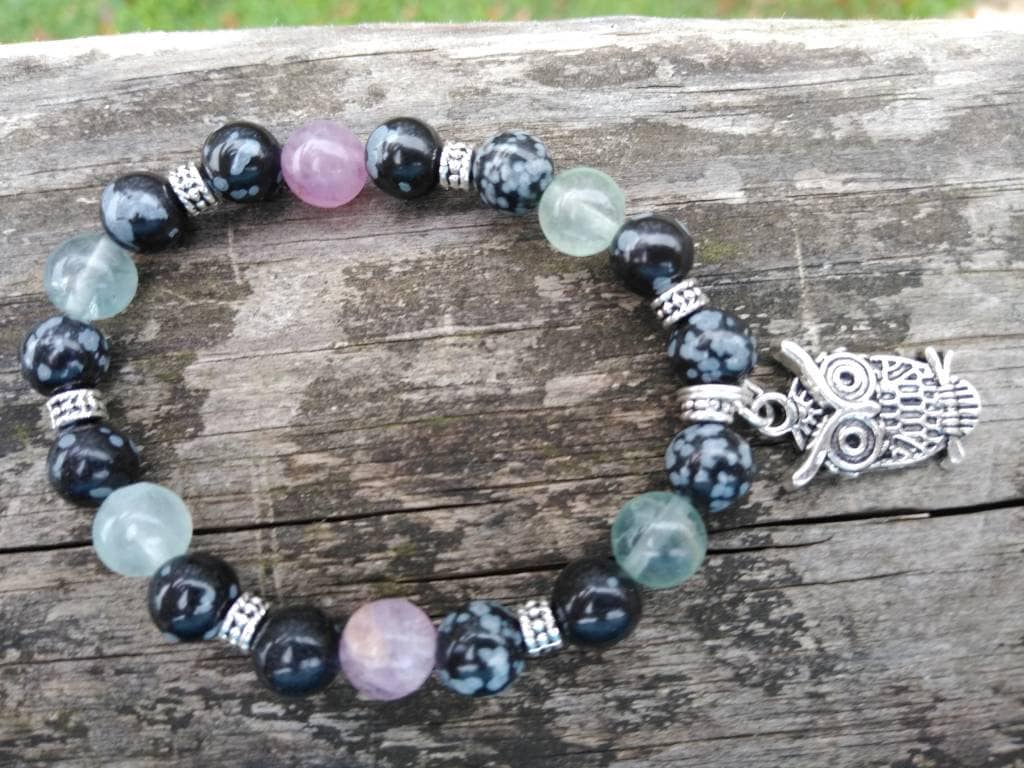 Owl - The Messenger, Obsidian, Fluorite, Pewter, Talisman