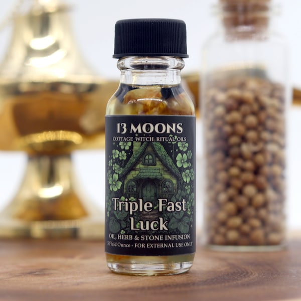 Triple Fast Luck Ritual Oil with Essential Oils, Herbs & Gemstones to Attract Prosperity, Love and Happiness - Magical Infusion