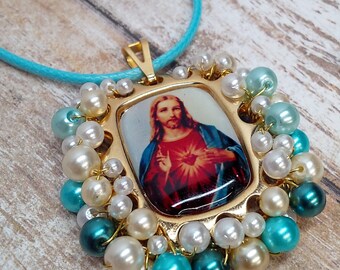Sacred Heart Medallion Necklace, 18k Gold Plated, Beaded Pearls