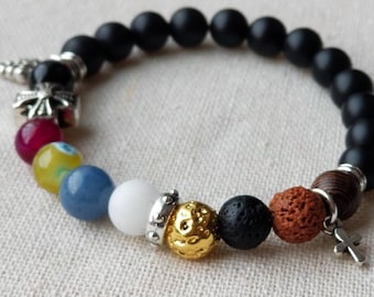 BRIEF STORY of JESUS. 8mm Semi precious onyx stone bracelet. Meaningful Religious gift. The life of Jesus. Women Catholic jewelry.