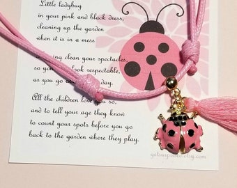 PINK LADYBUG NECKLACE. 18k gold plated enamel charm. Faux leather adjustable cord. Garden lover.