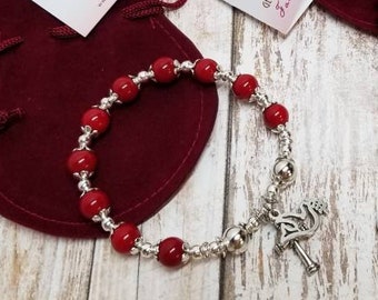 CONFIRMATION BRACELET KEYCHAIN. Handcrafted decade or chaplet. Catholic gift. burgundy glass beads and silver plated dove and cross