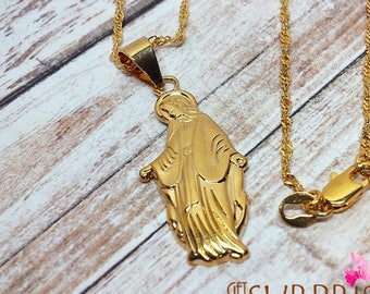 14K Gold Plated MIRACULOUS MEDAL NECKLACE, Stainless Steel Virgin Pendant