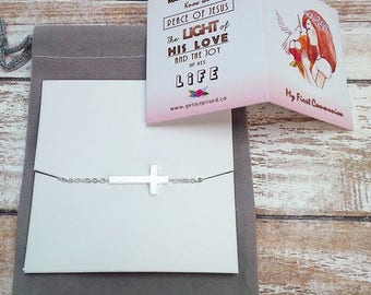 SIDEWAYS CROSS BRACELET. Dainty stainless steel silver cross bracelet. Girls Confirmation gift, Communion, Baptism, sympathy. Celebrity.