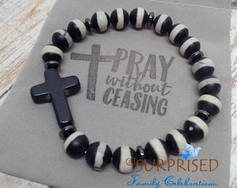 Onyx Cross Bracelet, Black & White Beaded Catholic Gift