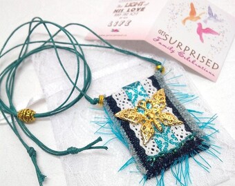 Butterfly Lace Scapular Necklace, Gold Plated Virgin