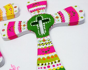 Handpainted Wooden Cross, Green & Pink Wall Decor, Communion Gift