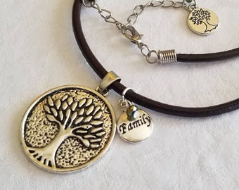 FAMILY TREE NECKLACE. Silver medallion with brown leather necklace, Fine jewelry, mother's day gift.
