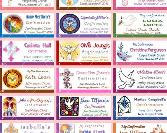 24 GIRLS CONFIRMATION TAGS. 2"x 1". Personalized favor tags. Economic or premium printed custom tags for catholic celebrations. Girls