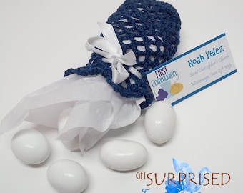 CROCHET BLUE BOMBONIERA. 6 Almond confetti pouches. Navy blue. First communion-confirmation-baby shower-Wedding anniversary favors. Keepsake