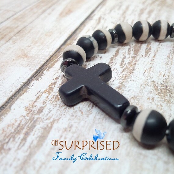Bracelet Chapelet Croix En Onyx Noir - Idée Cadeau (unisexe, Aluminium)