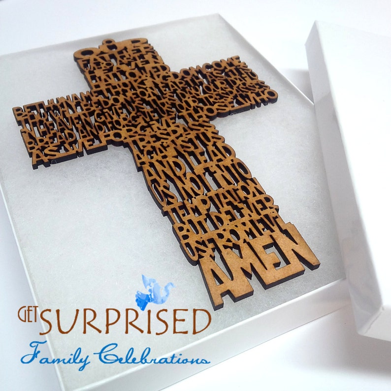 DECORATIVE WOODEN CROSS 6 3/4 Our Father prayer. Laser Cut hanging cross gift box. Baby Crib cross. Communion favor. Baptism-Wedding image 1