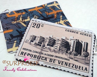 STAMP TRAVEL CASE.  very lightweight storage bag, cosmetic bag. Vintage postcard, Venezuelan Souvenir. Correo aereo, cartuchera sello postal