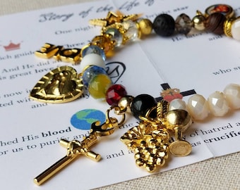 STORY OF JESUS. 8mm Swarovski crystals bracelet, 18k gold plated charms. Stations of Jesus life. Meaningful Women religious jewelry.