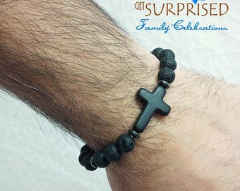 LAVA ROCK BRACELET. Black onyx cross bracelet for men + hand stamped gift bag. Catholic men gift. for oil inffused bracelet. confirmation.