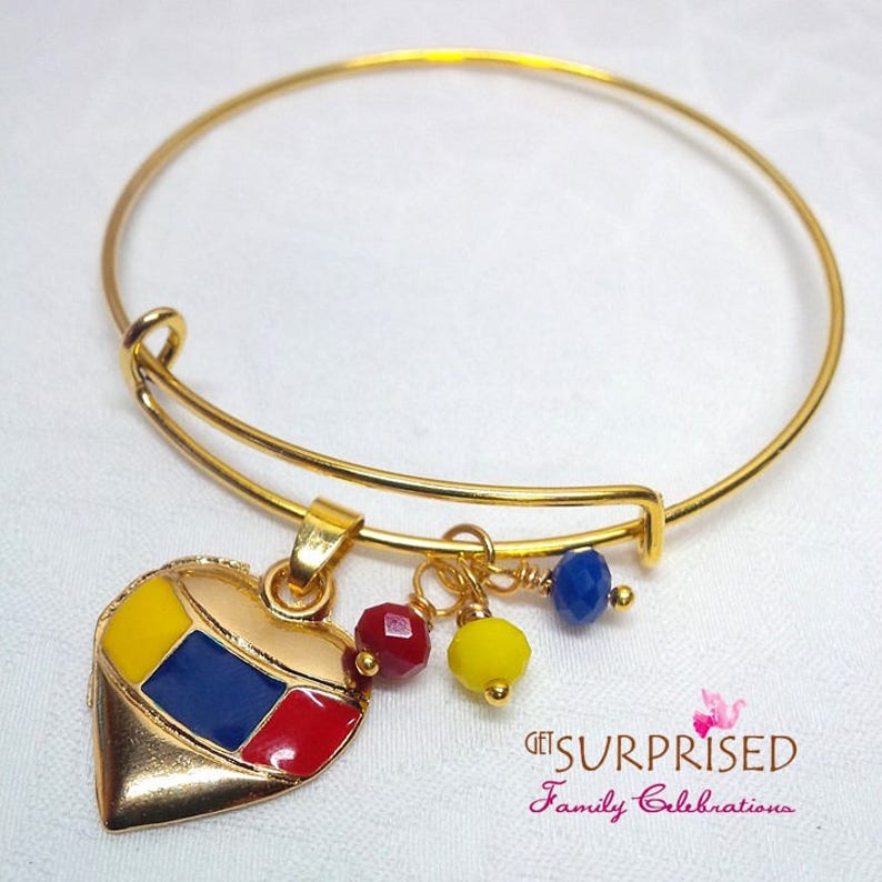 VENEZUELAN FLAG BRACELET primary colors gold plated heart bangle Yellow blue and red crystals. Colombia-Ecuador bracelet
