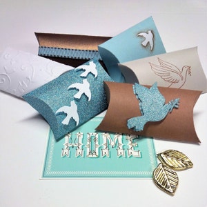 24 DOVE FAVOR BOXES. Dove embellishment assorted pillow boxes for Confetti. Wedding, first communion, confirmation, baby shower, Sweet 16.