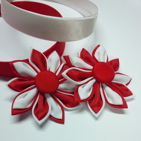 Canada Day Flower Hairband, Kanzashi Bow, Red and White Headband