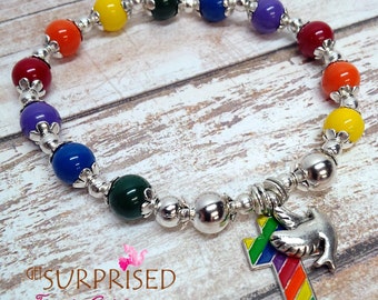 RAINBOW CONFIRMATION BRACELET. Handcrafted elastic decade. Catholic girl gift. charms & multicolor glass beads. Silver dove - rainbow cross