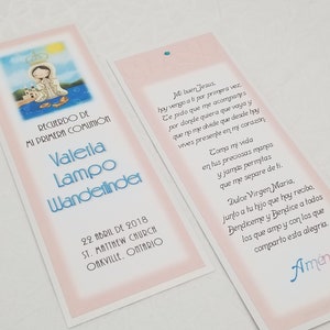 12 GIRLS COMMUNION BOOKMARKS. Holy Mary remembrance cards, religious announcement for First Communion