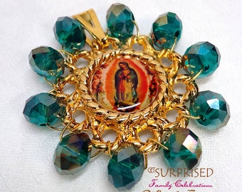Our Lady of Guadalupe Necklace, Gold Plated Medallion with Amber Crystals