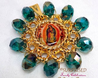 GUADALUPE MEDALLION NECKLACE Our lady of Guadalupe. Gold plated medal handcrafted with amber crystals. Virgen de Guadalupe Patrona de Mexico