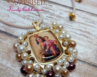 Our Lady of Mount Carmel Medallion: 18k Gold, Glass Pearl Necklace